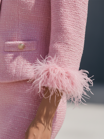 Chic Ensemble en Tweed : Veste à Col Rond et Jupe à Boutons