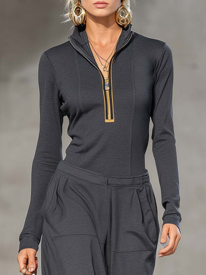 Ensemble Sportif Rétro en Gris Foncé avec Col Mi-Haut, Zip Avant et Pantalons Amples