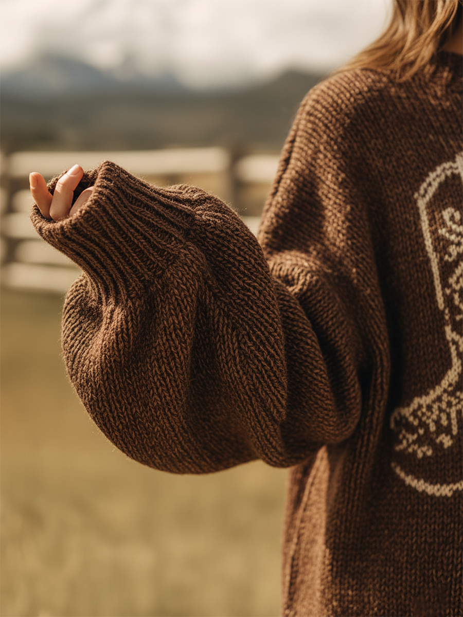 Pull Vintage Col Rond à Motif de Bottes Western
