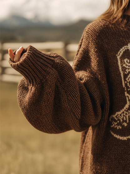 Pull Vintage Col Rond à Motif de Bottes Western