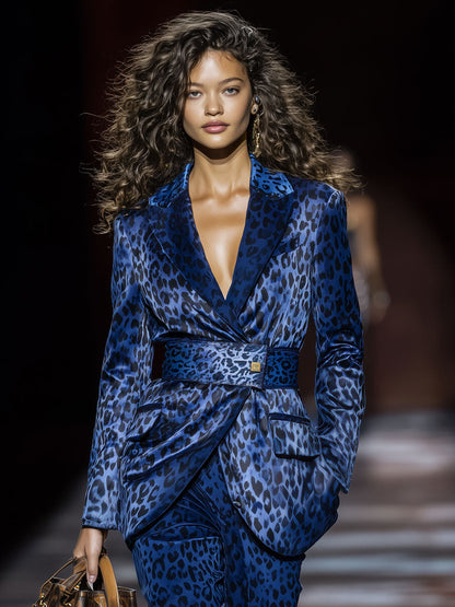 Royal Blue Leopard Print Satin Blazer