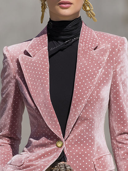 Blazer en velours rétro à pois blancs - Élégance à un bouton