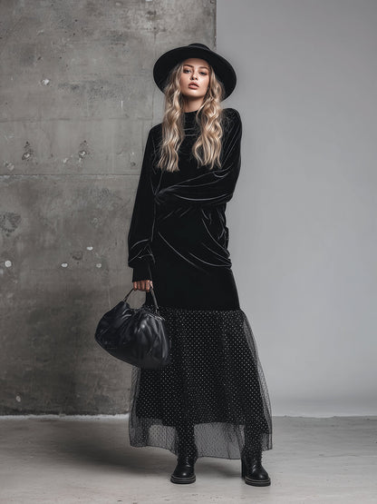 Robe Maxi en Velours Noir à Pois avec Col Mi-Haut Évasé