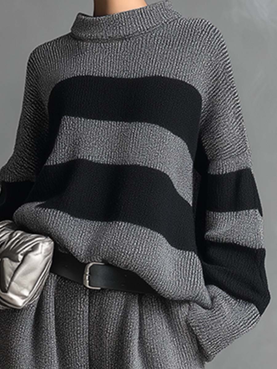 Ensemble Élégant en Tricot Rayé Gris avec Pantalons à Jambes Larges - Chic et Confortable