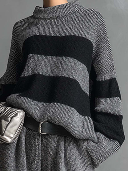 Ensemble Élégant en Tricot Rayé Gris avec Pantalon à Jambes Larges - Chic et Confortable