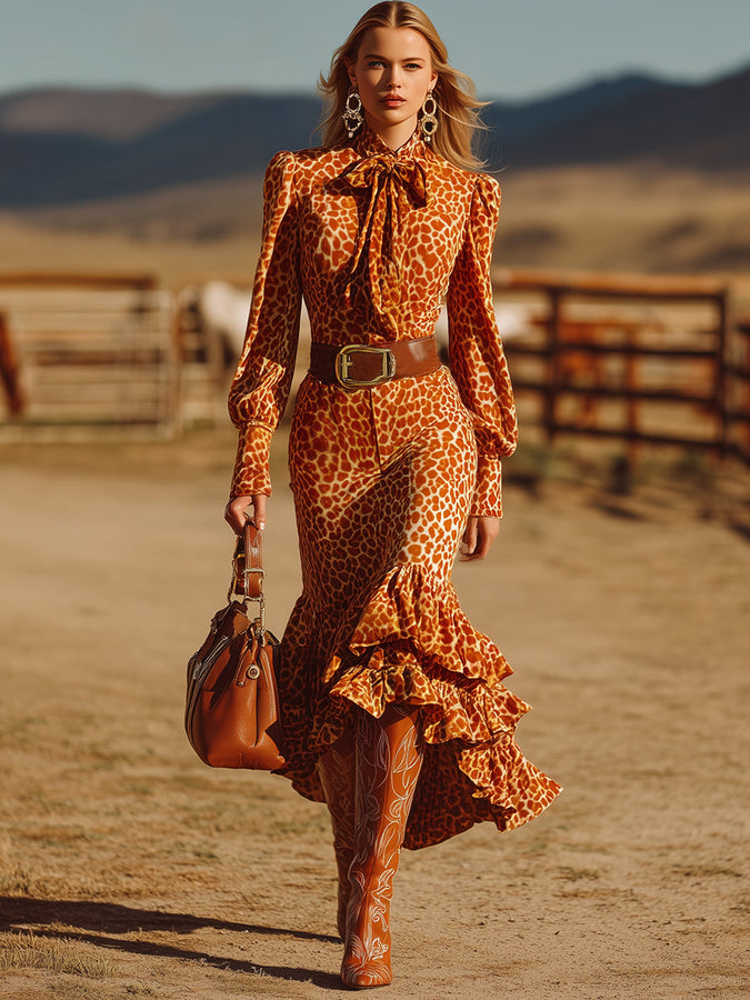 Robe Maxi Rétro en Velours Léopard Orange avec Volants