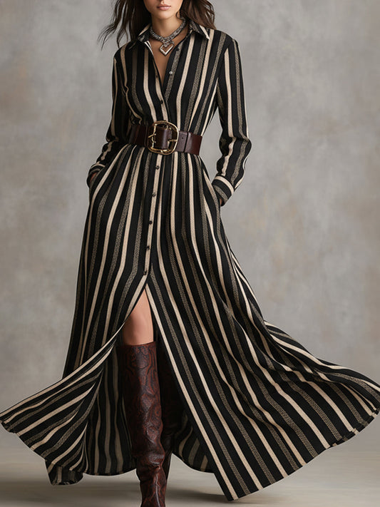 Robe Maxi Retro Ethnique à Boutons - Rayures Marron et Noires