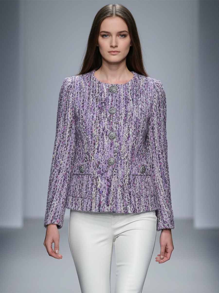 Veste courte en tweed violet à boutons et col rond