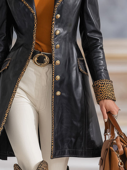 Veste en simili cuir avec col à revers et motif léopard