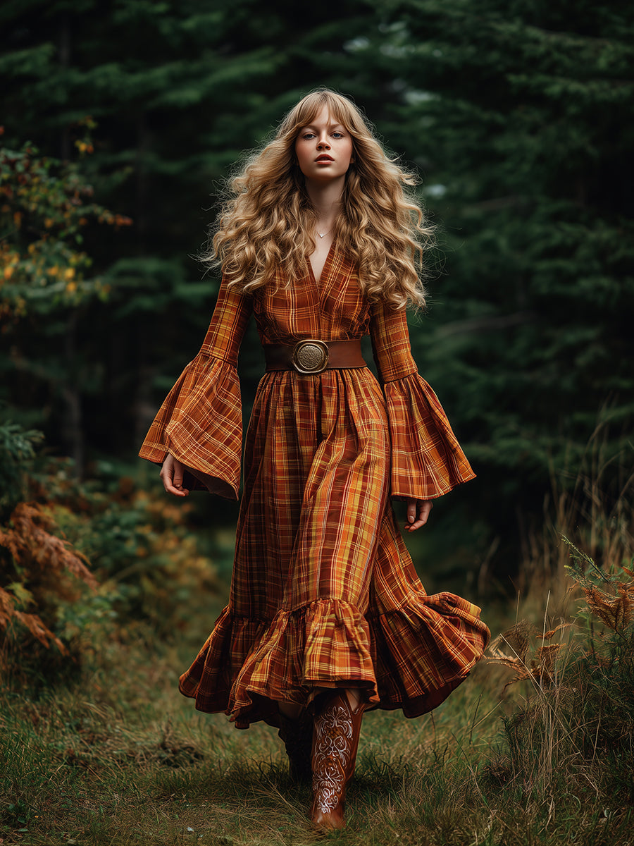 Robe Midi Vintage à Carreaux Orange avec V-Neck et Manches Trompette