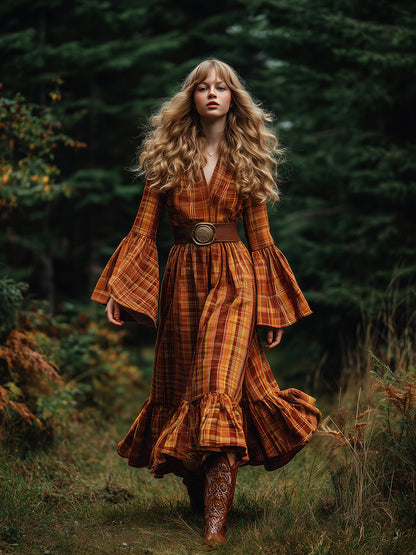 Robe Midi Vintage à Carreaux Orange avec V-Neck et Manches Trompette