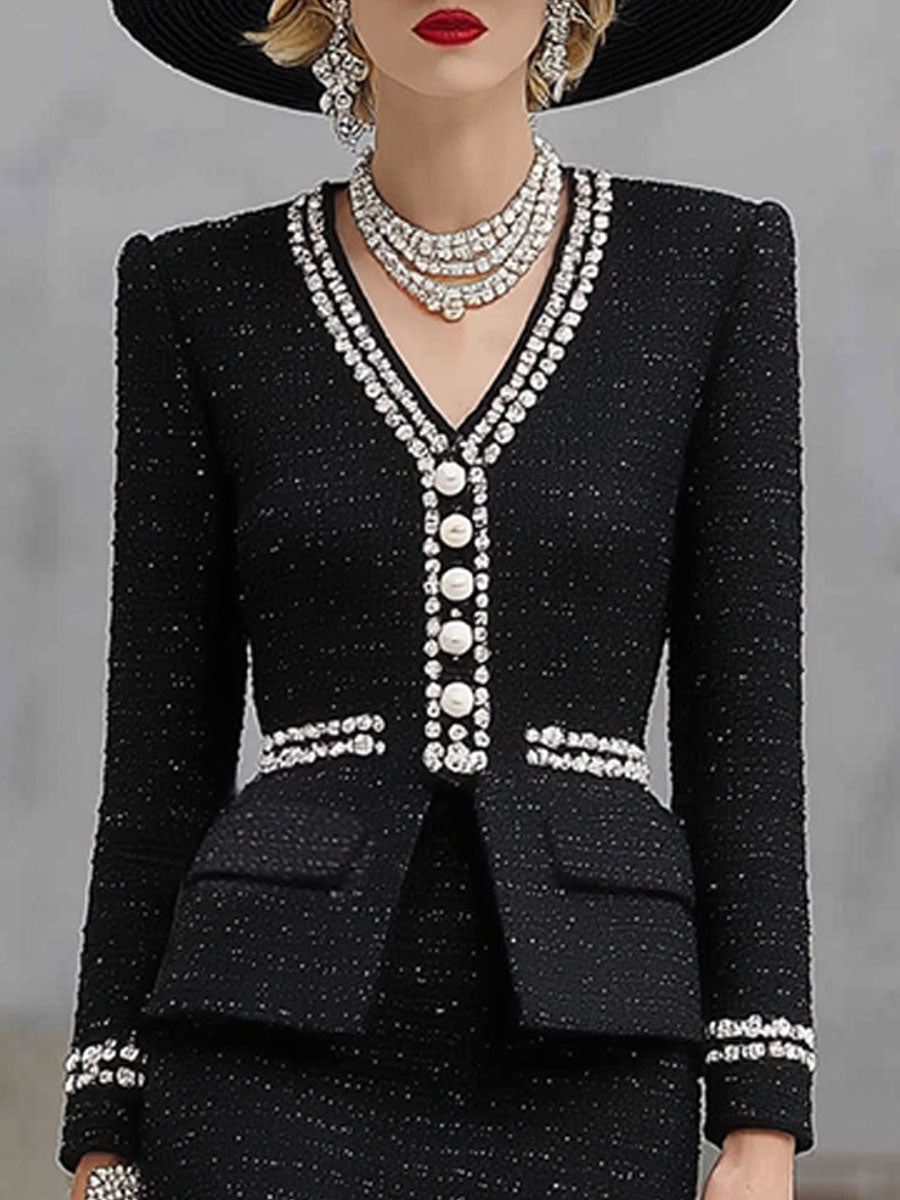 Chic Ensemble en Tweed Noir : Haut et Jupe Élégante