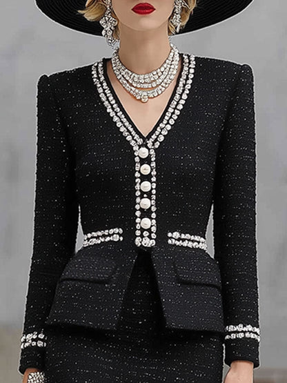 Chic Ensemble en Tweed Noir : Haut et Jupe Élégante