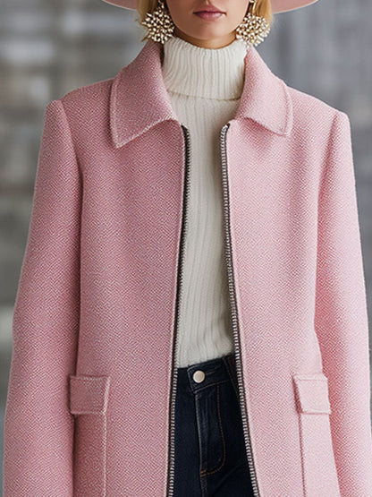 Veste en laine rose rétro à zip avec poches pratiques