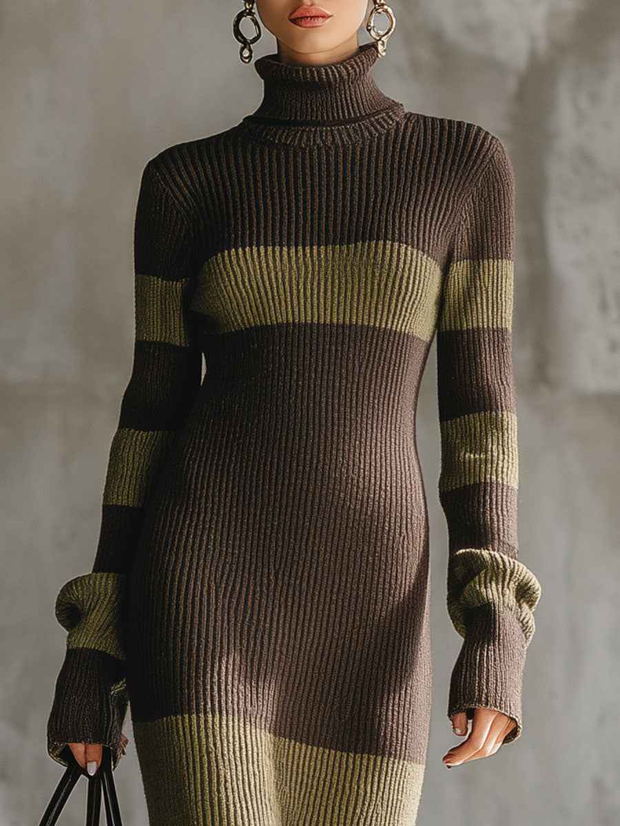 Robe Midi Tricotée à Col Montant - Chic Rétro en Brun et Vert