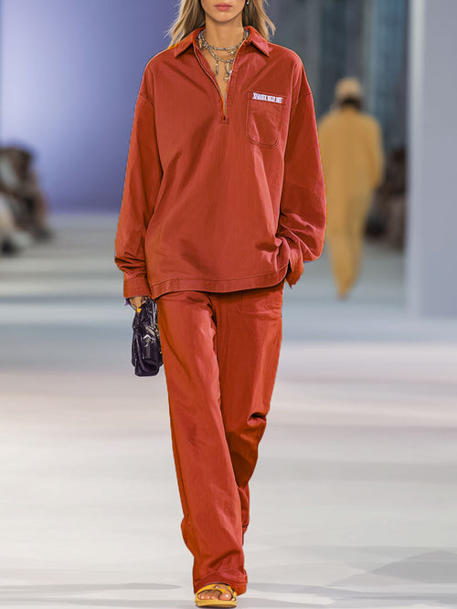 Orange Embroidered Long Sleeve Sweatshirt & Relaxed Fit Wide Leg Pants Set