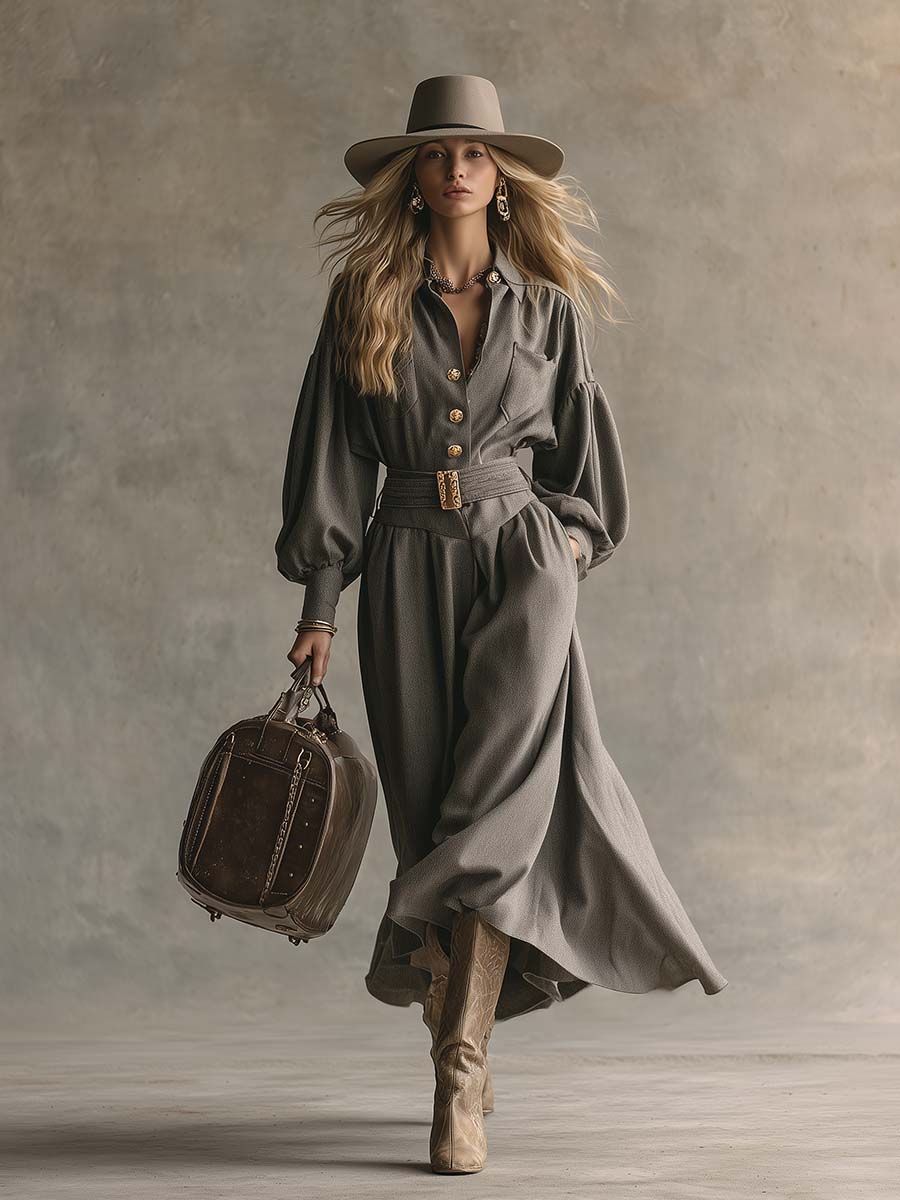 Robe Maxi Élégante en Laine Grise avec Col Boutonné