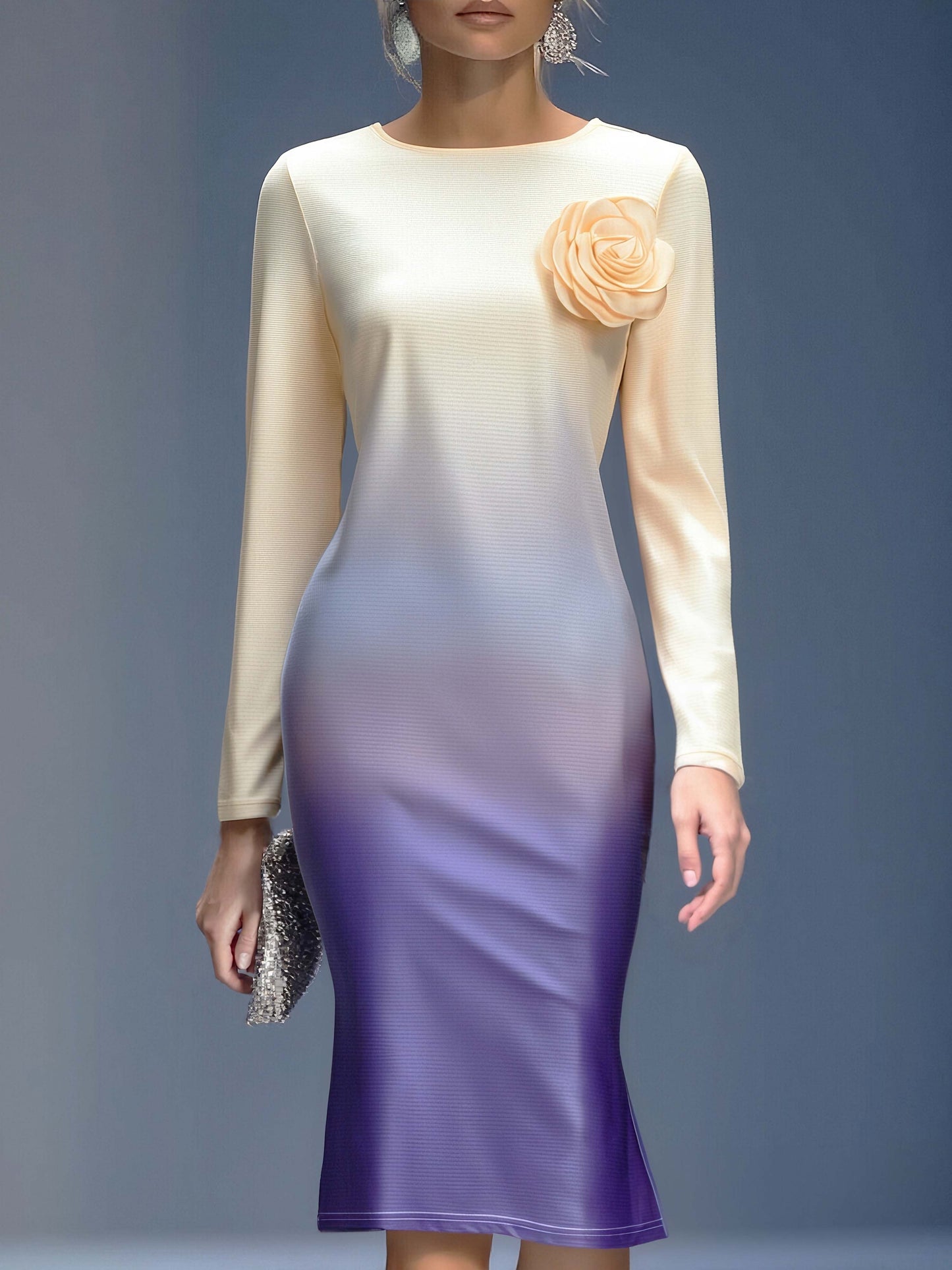 Robe Midi Élégante à Fleurs 3D en Dégradé Beige et Violet