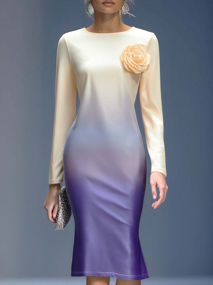 Robe Midi Élégante à Fleurs 3D en Dégradé Beige et Violet