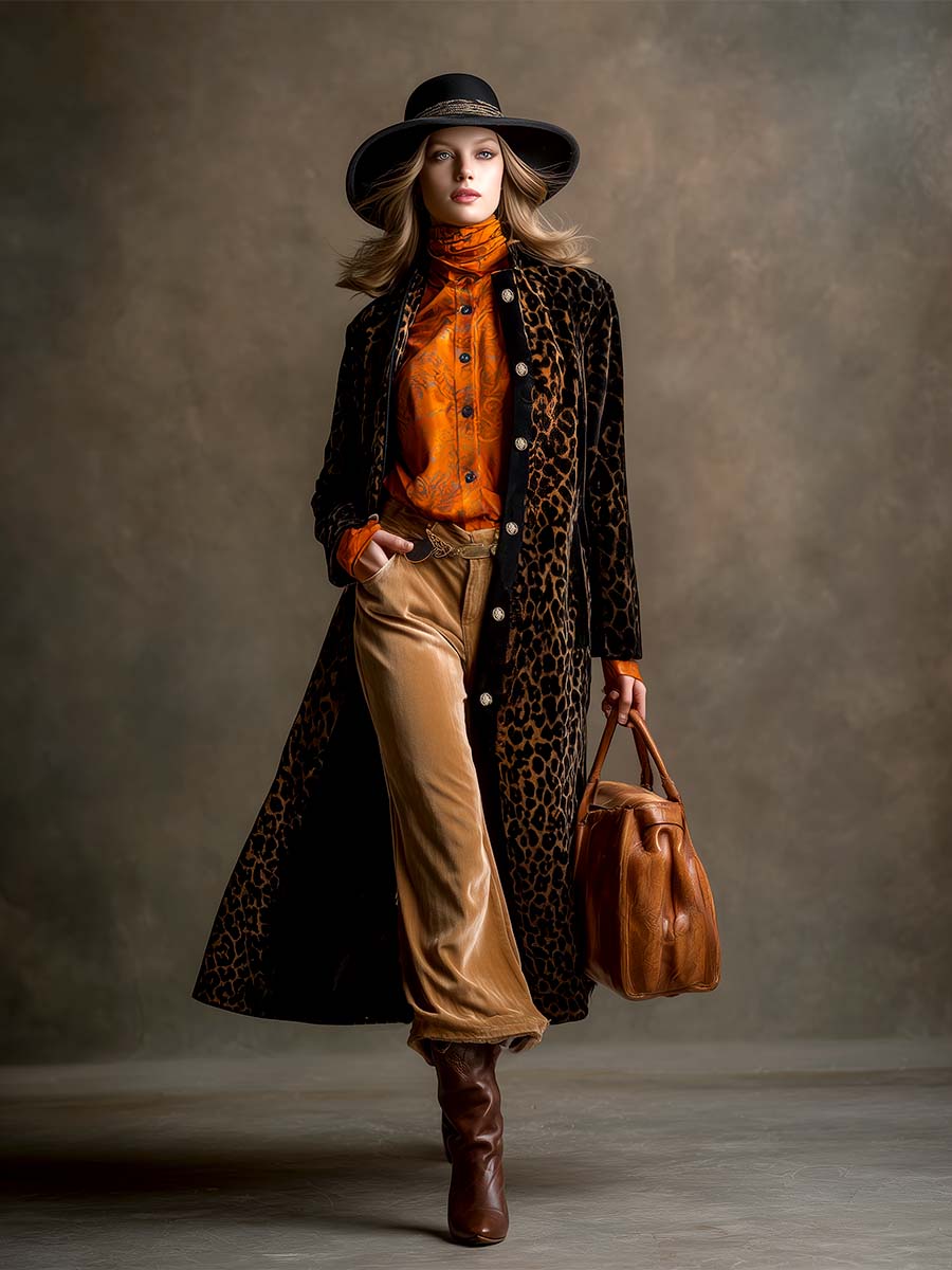 Veste en velours noir à motif léopard rétro avec col montant chic