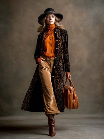 Veste en velours noir à motif léopard rétro avec col montant chic