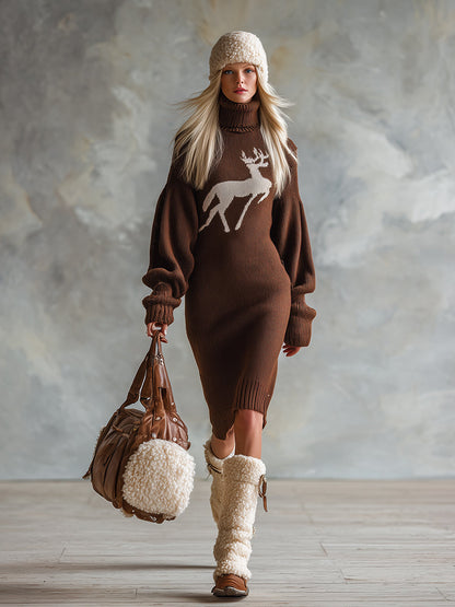 Robe Midi Tricotée Marron à Col Montant avec Élégant Motif de Cerf de Noël Vintage
