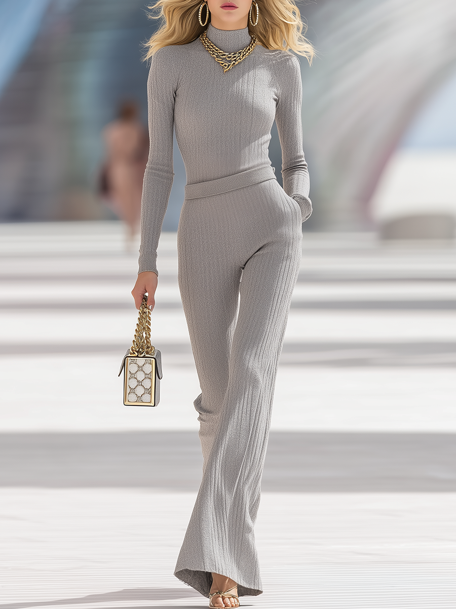 Ensemble Chic en Couleur Unie : Pull à Col Montant et Pantalon Évasé en Tricot
