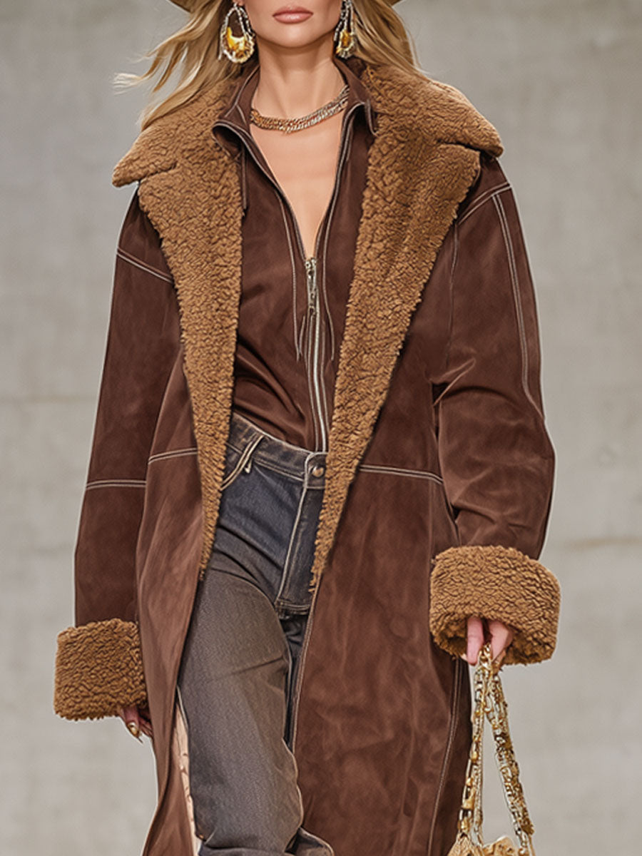 Veste Élégante en Fausse Fourrure et Suède à Col Oversize