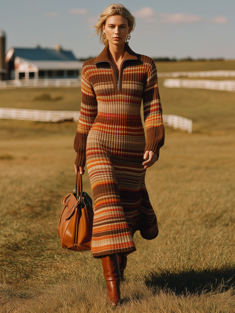 Robe Midi Tricotée à Rayures Rouge et Marron avec Demi-Fermeture Éclair