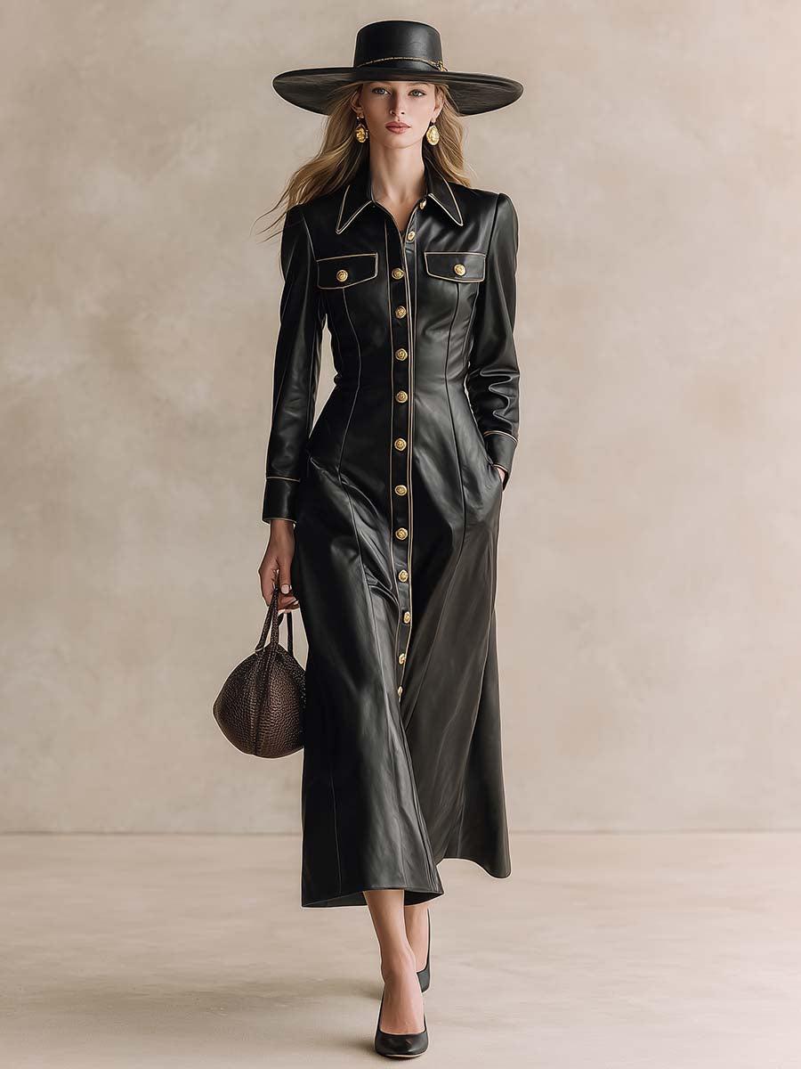 Robe Maxi Noire en PU avec Boutons Frontaux et Col Rétro - Élégance Haut de Gamme