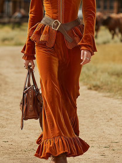 Veste Rétro en Velours Orange avec Volants et Jupe Longue Assortie