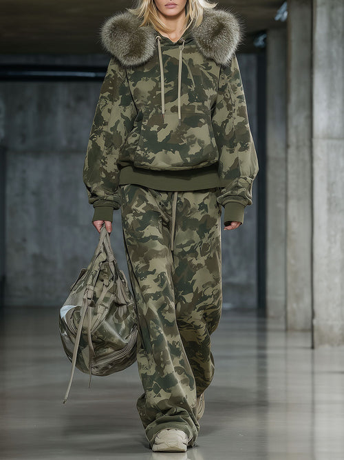 Ensemble Décontracté : Sweat à Col en Fausse Fourrure et Pantalon Large Camouflage