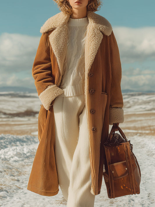 Veste en Velours Côtelé Camel avec Doublure Polaire Rétro