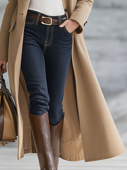 Veste Longue en Suédine Kaki Foncé - Élégance Décontractée au Style Rétro