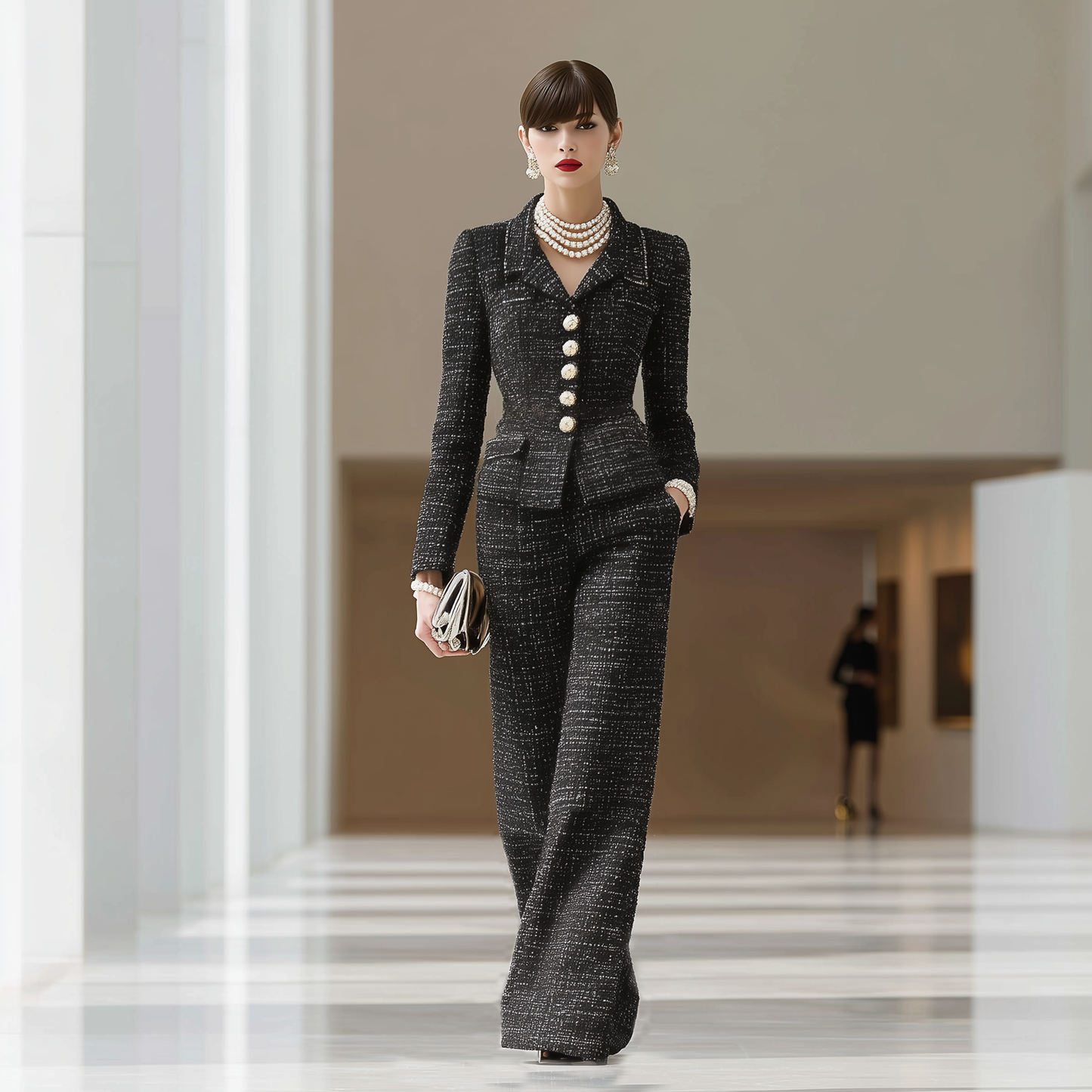 Ensemble Chic de Pantalons Amples en Tweed Noir à Boutons