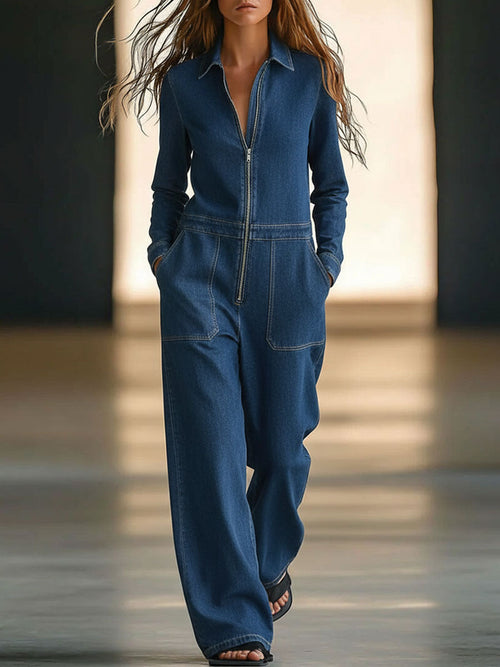 Combinaison en denim bleu rétro à fermeture éclair, manches longues et jambes larges – Style décontracté assuré