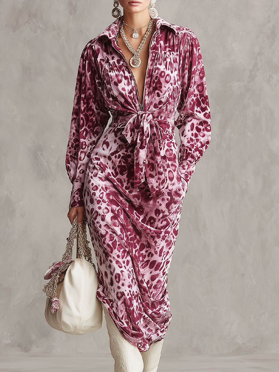 Robe Midi en Velours Imprimé Léopard avec Fermeture Éclair Mi-Longue
