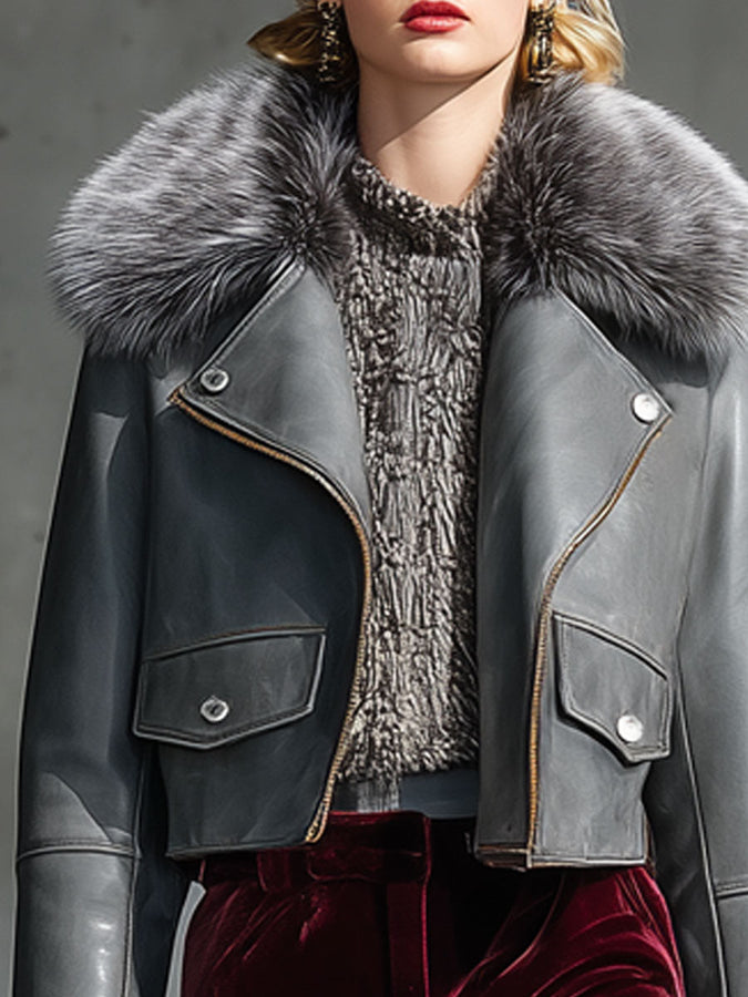 Veste Grise en Simili Cuir avec Col en Fourrure Zippé - Style Vintage Décontracté