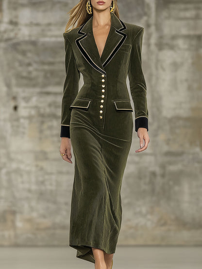 Robe Midi en Velours Côtelé Vert Vintage