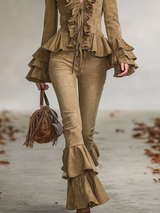 Ensemble Vintage en Suédine Kaki avec Veste et Pantalon à Volants