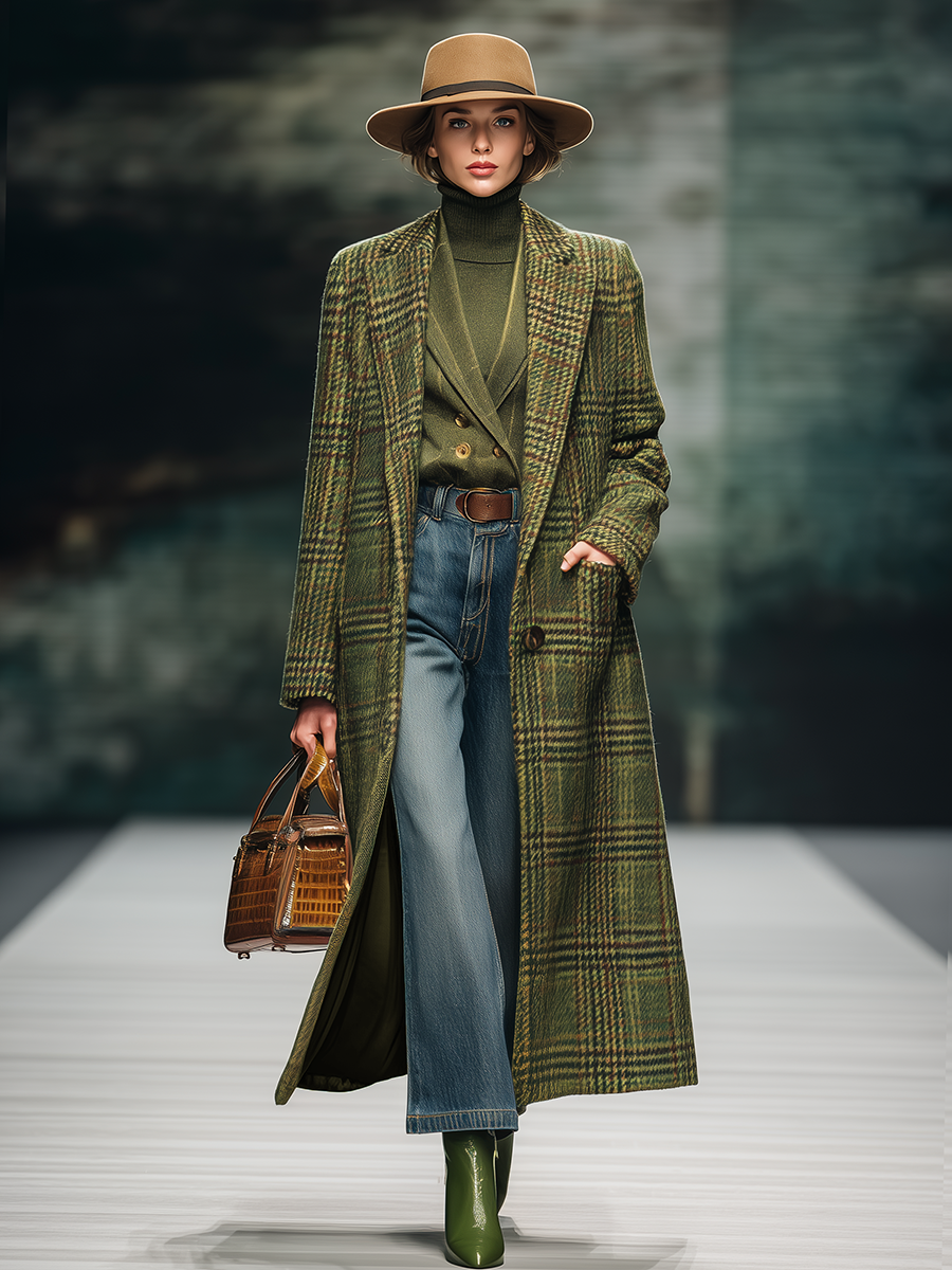 Veste Longue en Laine à Motif Carreaux Vintage