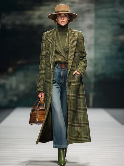 Veste Longue en Laine à Motif Carreaux Vintage