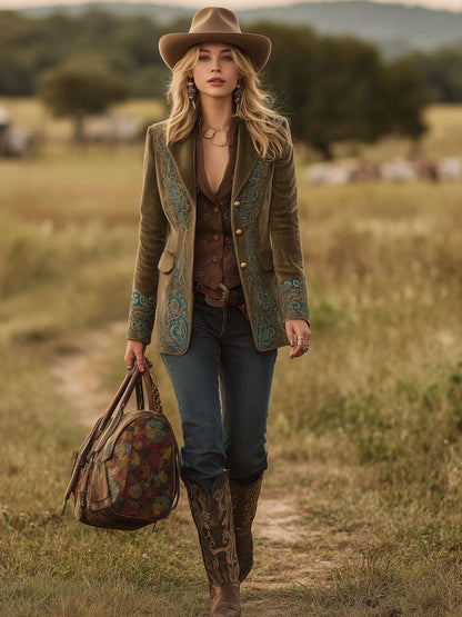 Veste en Velours Vert Armée avec Imprimé Paon - Style Nomade Western Rétro