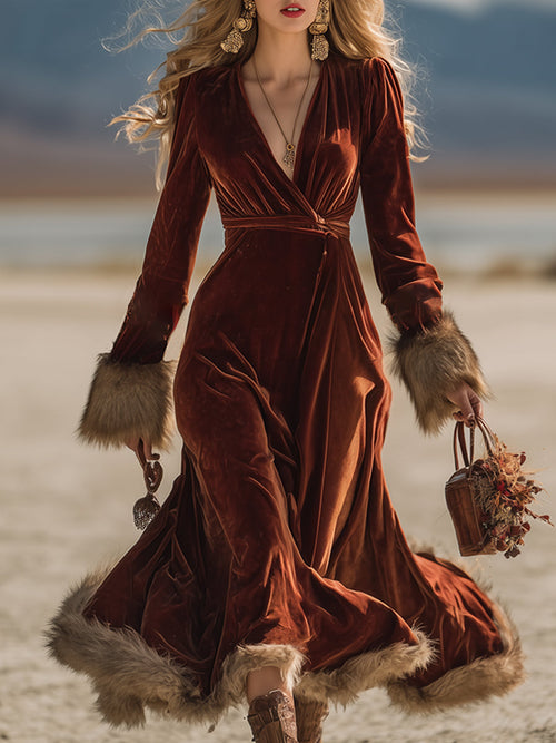 Maxi Robe Vintage Western en Velours Caramel avec Détails en Fausse Fourrure et Manches Longues