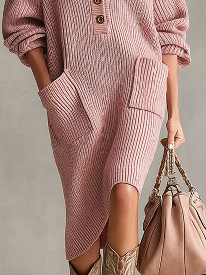 Robe Midi Tricotée à Col Montant Décontracté avec Poches Doubles
