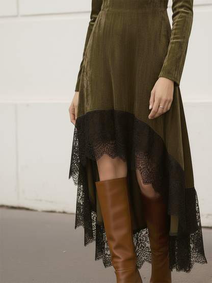 Robe Vintage en Velours Élégante avec Col Montant et Manches Longues, Finition en Dentelle