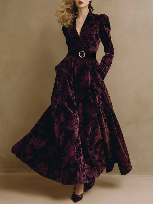 Luxurious Bordeaux Jacquard Velvet Maxi Dress