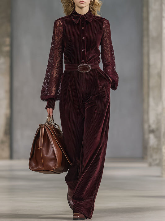 Combinaison Pantalon Large en Velours Côtelé Rouge Vin avec Détails en Dentelle et Manches Longues – Style Rétro