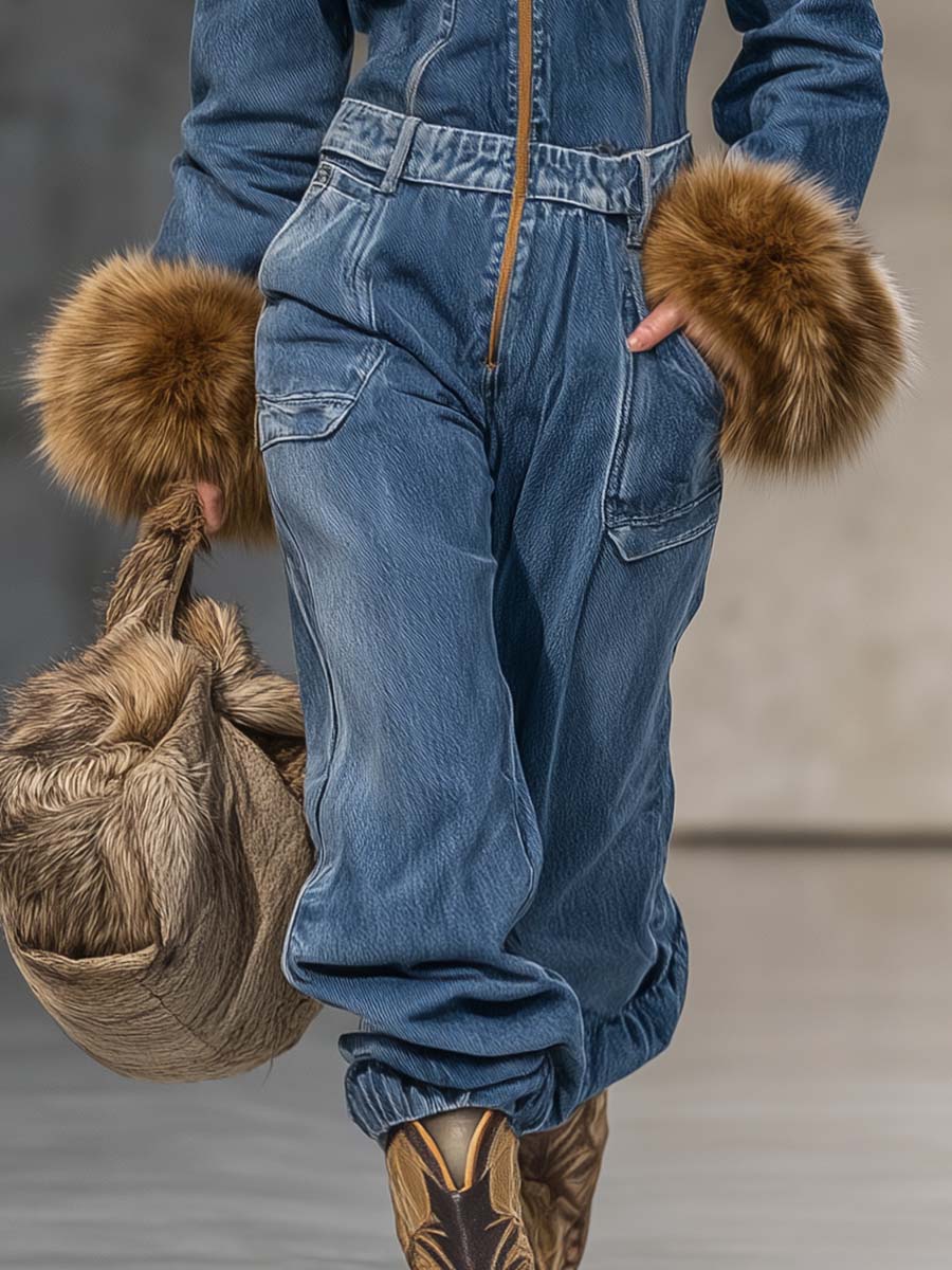 Salopette en denim bleu avec capuche vintage Wild West et poignets en fausse fourrure à zip