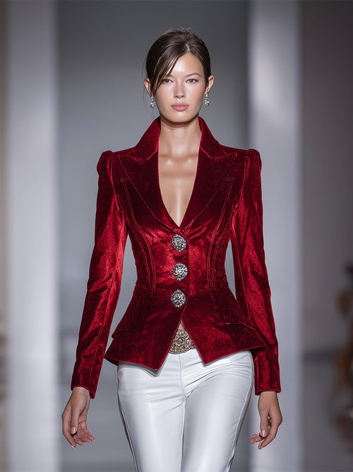 Veste Vintage en Velours Rouge avec Détail en Diamant